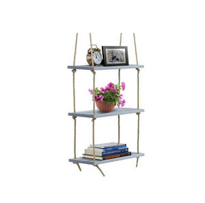 Grey Wood Hanging Shelf 3-Tier Rustic Wood Swing Storage Shelves Jute Rope Wooden Organizer Rack