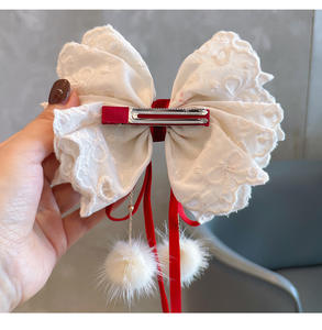 어린이 와인 레드 플러시 리본 헤어 클립 소녀 레이스 리본 이중 레이어 헤어핀 귀여운 진주 헤어핀 액세서리 - Product Image 5
