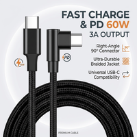 Câble de charge rapide USB Type C vers Type C tressé à angle droit 90 degrés en forme de L 60W 3A PD pour téléphone portable