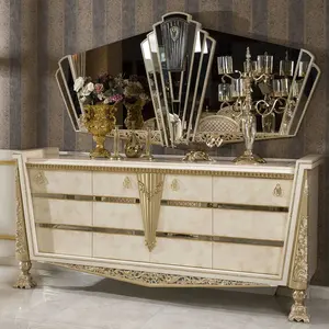 Armario de buffet de cocina de estilo americano tradicional, espejo credenza de color blanco brillante y champán, armario de buffet para sala de estar