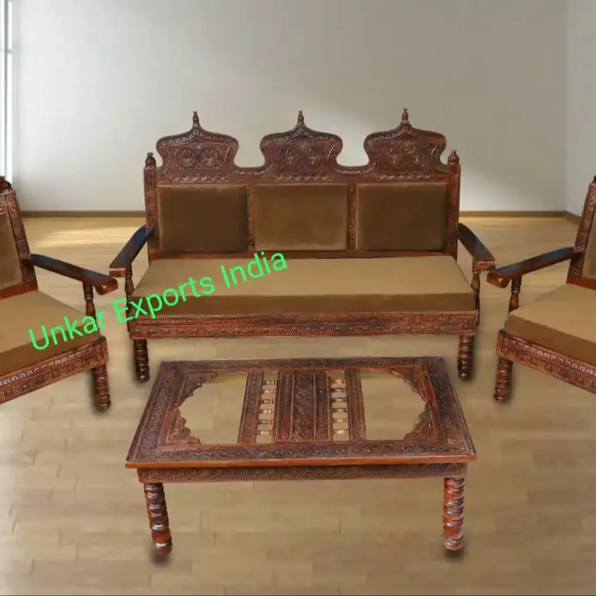 طقم أريكة تراثي راجستاني منحوت يدويًا | أريكة بـ خمس مقاعد مع طاولة في المنتصف