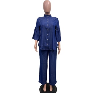 Trendy Design 2 Piece <strong>Denim</strong> Sets <strong>for</strong> <strong>Women</strong> High Collar Flare Sleeve <strong>Denim</strong> Top and Straight Leg Jeans Set <strong>for</strong> <strong>Women</strong> - Product Image 5