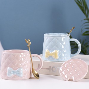 Creative Bow Relief <b>Mug</b> <b>Cute</b> Large Capacity <b>Mug</b> with Lid Spoon Girl Heart Coffee Cup - Product Image 2