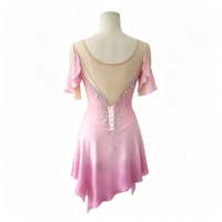 Robe de patinage artistique rose dégradé à épaules dénudées et manches volantées, col en V, ornée de strass faits à la main, en maille, pour enfants et filles, danse sur glace
