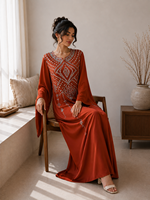 Gaun Muslim Satin Premium Berhias Kristal Butik, Kaftan Elegan Butik Dubai untuk Wanita