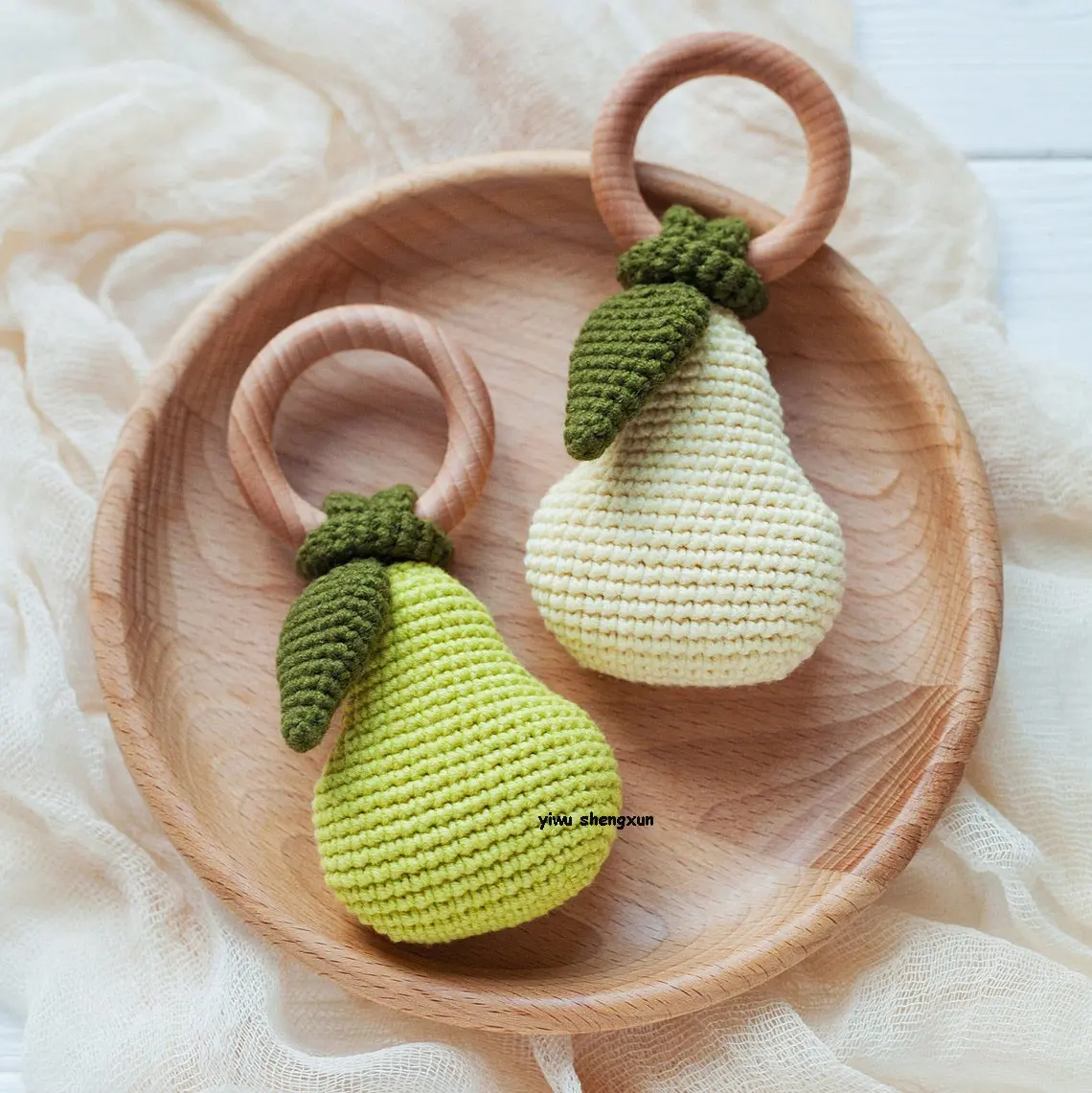 Organic Crochet Pear Baby Rattle Soft Toy Wooden Teether Natural Food Fruit Toy for Baby