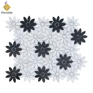 2022 nova chegada de luxo polido branco e preto margarida campo flor mosaico de jato de água telha