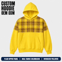 Sweat à capuche jaune personnalisé pour homme, avec panneau supérieur à carreaux, colorblock en deux tissus, en polaire, coupe oversize, poche kangourou, pour le streetwear