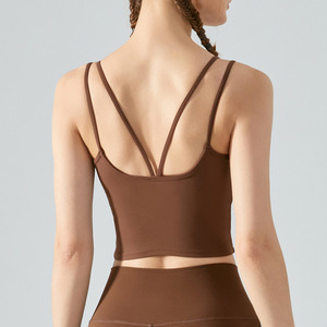 Women Double Thin Strap Criss Cross <b>Back</b> Yoga Crop Tank <b>Top</b> Padded U Neck Athletic Sports Bra <b>Low</b> Support Pilates Gym Vest - Product Image 1