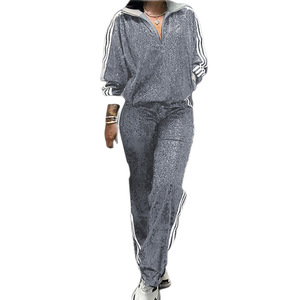 Pantalones de chándal a juego con cuello levantado de manga larga y lentejuelas de otoño para mujer, chándal de 2 piezas con patrón sólido para ropa informal de calle - Product Image 6