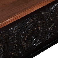Coffre de rangement en bois sculpté à la main, finition noire et noyer, banc d'entrée au design Mandala