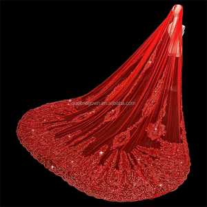 क्वीन्सटाउन लक्जरी एक परत लाल 350 सेमी ब्राइडल घूंघट कैथेड्रल चमकदार अनुक्रमों के साथ शादी का घूंघट - Product Image 2