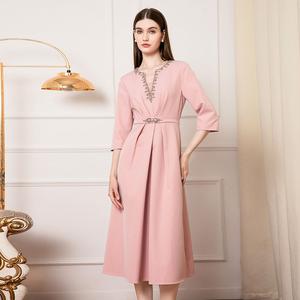 Taglie forti abito da donna 2025 primavera sposa madre elegante scollo a V con perline a manica 3/4 abito da caffè rosso Midi Cocktail Party - Product Image 1