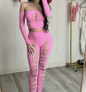 Peeqi Phụ Nữ Trang Phục Đan Hollow out Crop Áo Sơ Mi Và Xà Cạp 2 Mảnh Bộ Nữ Sexy Y2K Lưới Hai Mảnh Quần Bộ Phụ Nữ - Product Image 5