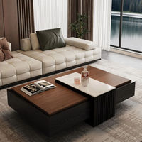 Table basse carrée en bois massif de style moderne avec tiroirs, idéale pour les petits espaces domestiques, dotée d'un rangement de style vintage.