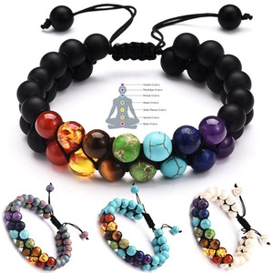 Bracelet en pierres de lave 7 chakras, double rangée, 8 mm, ajustable, unisexe, pour yoga, énergie et guérison - Product Image 1
