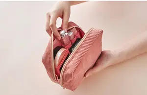 コーデュロイ収納バッグヴィンテージ化粧品メイクアップケースバッグ女性用ジップポーチ