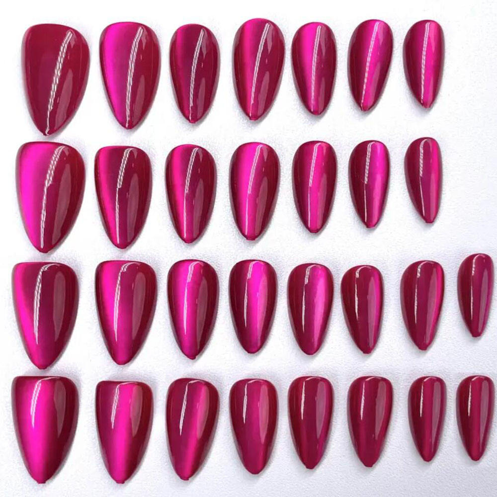 30pcs Rose Red Cat Eyes Almond Fake Nails Simple DIY Manicure Press on Nails Glossy Stick-on False Patches for Women