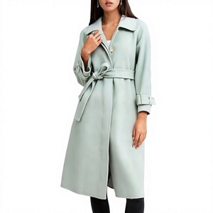 Women's <b>Wool</b> Trench <b>Coat</b> Long Solid Color Turn-down Collar Full Sleeve <b>Belted</b> Elegant Autumn Outerwear - Product Image 1