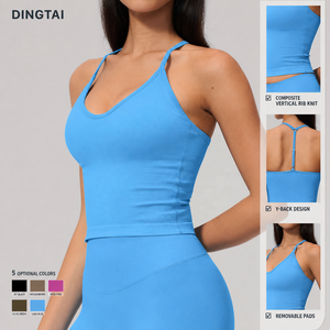 Soutien-gorge de sport sans couture pour femme, col halter, dos en Y, rembourré, maintien moyen, haut de fitness, nylon et élasthanne, logo personnalisé OEM - Product Image 1