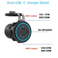Chargeur de voiture double type C 12V - 24V 55W PD avec prise de courant et interrupteur à bouton pour voiture