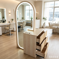 Station de coiffure autoportante en bois clair avec miroir LED arqué éclairé