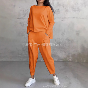 Ensemble de costume décontracté pour femmes, couleur unie, haut à col rond avec poches, pantalon SMLXLXXLXXXL, blanc, gris, rouge, noir, orange, rose, bleu, vert - Product Image 2