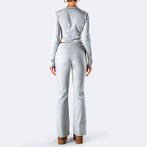 <strong>Women</strong> Solid Knitting Custom <strong>Grey</strong> Long Sleeve Cotton High Waist Foldover Leggings Crop Top Sweatshirt Set <strong>Tracksuit</strong> - Product Image 4