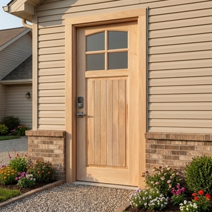 Porte d'entrée en bois massif avec vitre à 4 panneaux arquée, lattes verticales et serrure intelligente, style artisanat américain - Product Image 4