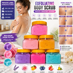 Ensembles uniformes de gommages corporels OEM pour femmes, pots de gommage corporel de luxe personnalisés, polissoirs corporels naturels aux fruits, exfoliants et éclaircissants - Product Image 1