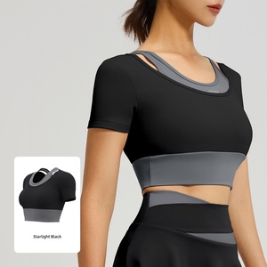 Top de Yoga para Mujer al por Mayor con Sujetador Incorporado, 2 en 1, con Capas, Cuello Redondo, Manga Corta, Top Corto para Gimnasio, Entrenamiento, Ajuste Delgado, Camiseta de Pilates - Product Image 1