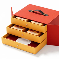 Boîte cadeau haut de gamme personnalisée à 3 tiroirs avec poignée, doublure en éponge recyclée et gaufrage pour l'emballage de desserts et de gâteaux de lune pour les fêtes