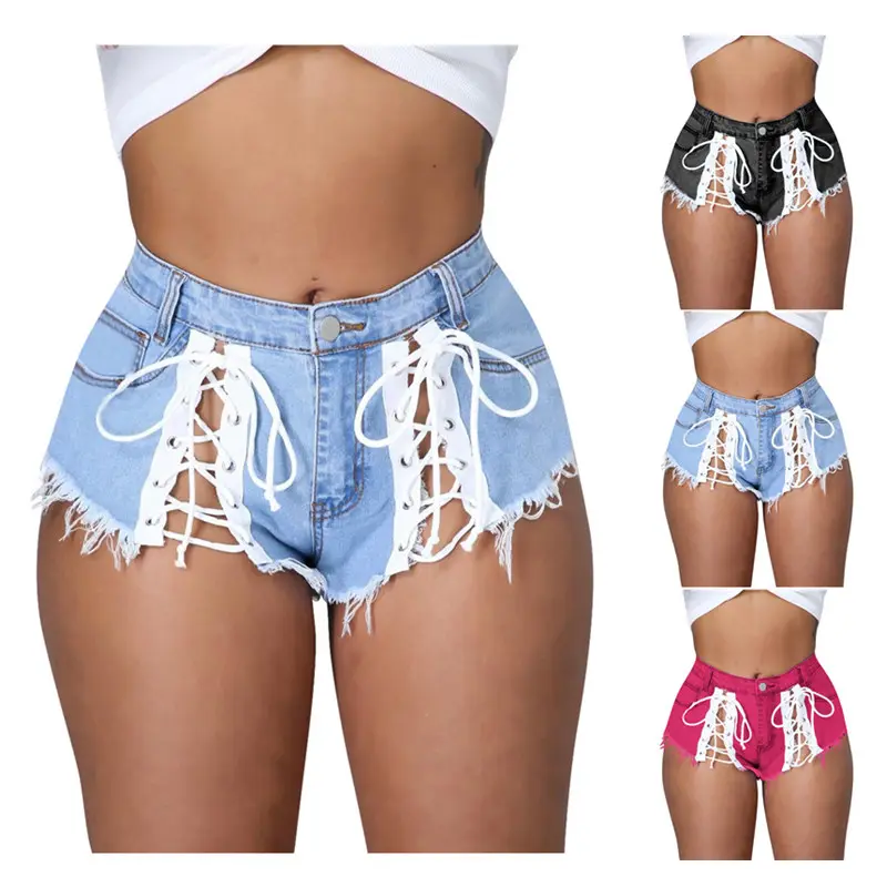 Sexy Summer Women Denim Shorts 2021 New High Waist Ripped Short Jeans Femme Tassel Lace Up Bandage Hotpants