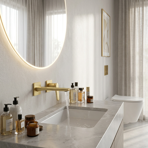 Grifo de Lavabo Moderno de Pared 67003A Modelo Redondo 670 con Válvula de Cerámica Dorada Cepillada, Monomando Oculto - Product Image 2