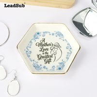 Plateau de présentation de bijoux en céramique hexagonal de 4,5 pouces, vierge pour sublimation, personnalisable, avec bord doré