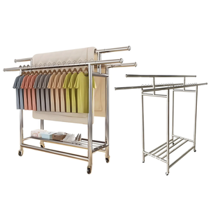 Porte-vêtements métallique robuste avec roulettes, usage commercial et domestique, hauteur réglable et design antirouille, supports et étagères de rangement - Product Image 2
