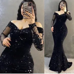 Glitter Sequins Mermaid Black Evening Dresses Off The Shoulder Long Sleeves 2024 Green Women Formal Night Party Gowns MP508