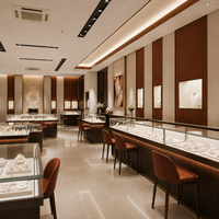 Solution de design d'intérieur de bijouterie en bois de noyer de style brutaliste, vitrine en verre sur mesure, éclairage LED, écologique, solution complète pour centres commerciaux