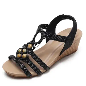 보헤미안 슬로프 힐 샌들 여성용 여름 휴가 샌들 유행 복고풍 짠 페르시 로마 신발