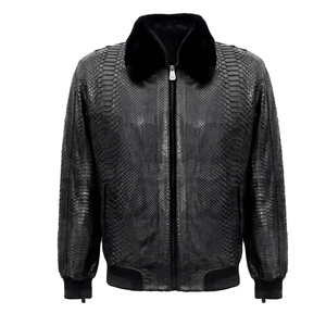 Snakeskin Embossed Leather <b>Jacket</b> New Python Print <b>Black</b> Leather Bomber <b>Jacket</b> With Detachable Collar Faux Fur <b>Jacket</b> - Product Image 1