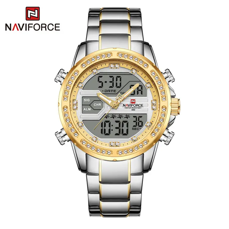 NAVIFORCE NF9190 NAVIFORCE Luxury Men Dual Display Gold Diamond Watches Stainless Steel Chronograph Digital Watches Style Watch
