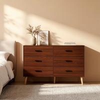 Lemari Pakaian 9 Laci Gaya Mid Century Modern, Kabinet Penyimpanan Kayu Lapis, Kaki Runcing, Finishing Walnut, Gudang Perlengkapan Kamar Tidur