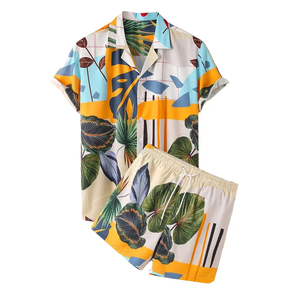 Short sleeve men graphic button up 2 piece causal beach shirt set clothing matching hawaiian shirt and shorts