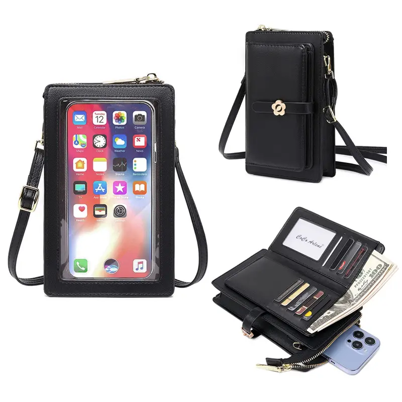 Toptan bayan crossbody cep telefonu çantası cüzdan RFID engelleme Bifold çoklu kart Case cüzdan telefon cebi