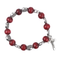 Bracelet extensible en perles de bois de 10 mm faites à la main avec perles en alliage Saint Benoît pour hommes et femmes