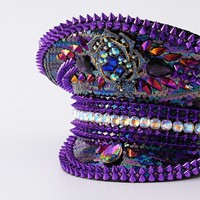 Casquette militaire en polyester à motif à carreaux violet irisé, entièrement incrustée de strass, rivets accrocheurs pour fête d'anniversaire