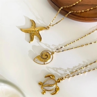 Collar con Colgante de Acero Inoxidable con Certificación CE, Estilo Oceánico, con Tortuga, Concha y Estrella de Mar, Bañado en Oro de 18K