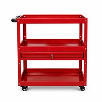 Chariot de service industriel moderne en acier thermolaqué rouge, chariot utilitaire roulant avec 3 plateaux ouverts et tiroir verrouillable, idéal pour la maison ou le bar