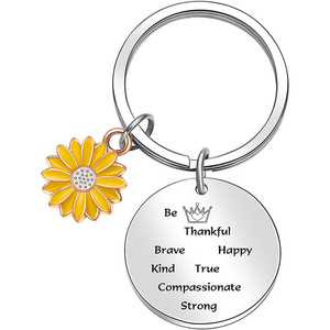 Llavero de Acero Inoxidable con Diseño de Girasol, Grabado con la Frase 'Be Thankful Brave Kind Strong', Regalo para Mujer - Product Image 1