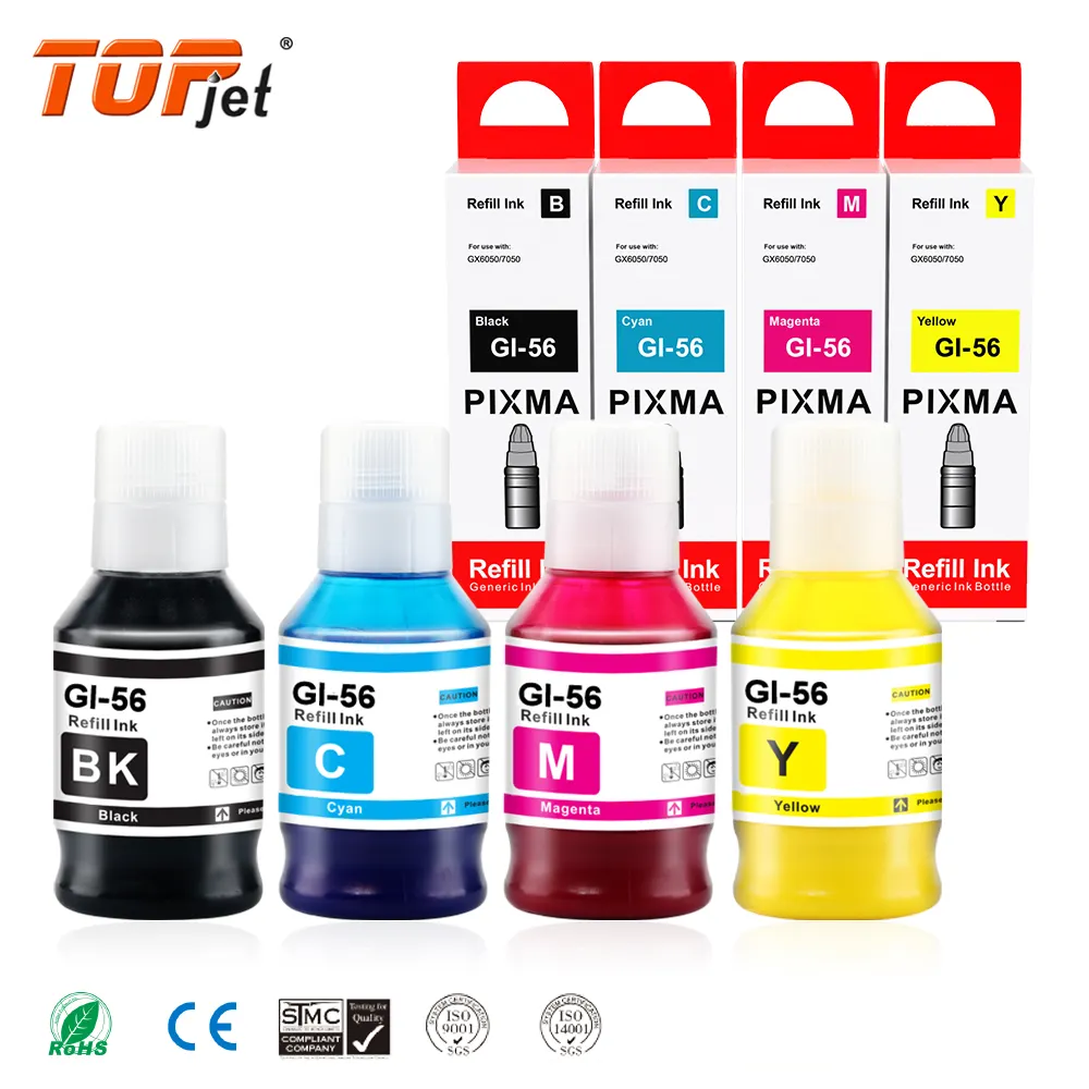 Topjet tinta isi ulang gigi 56 GI-56 botol berbasis air massal warna kompatibel Premium untuk Printer Canon MAXIFY GX6050 GX7050